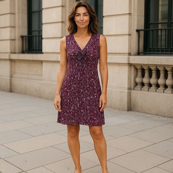 Eddie Bauer Women's Travex Stretch Dress Size L Purple Geometric Knotted Bodice - Picture 1 of 13